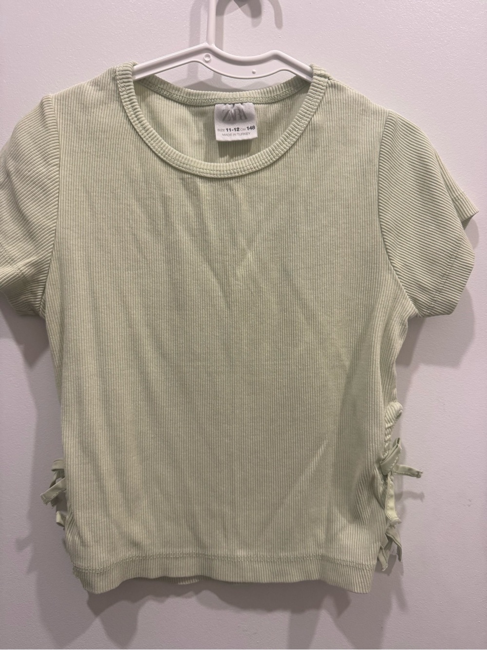 Zara Light Green Ribbed Short Sleeve Tee with Side Ties